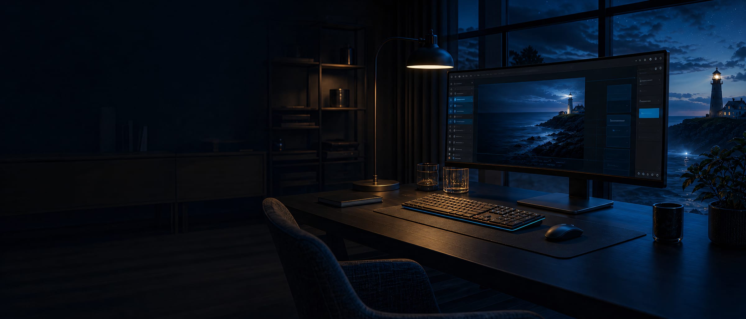 A web design studio at night, an ultrawide curved monitor glowing over a dark desk, a coastal lighthouse on the screen and through the window